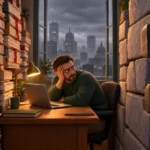 BRICS vs G7 illustration: a stressed business owner squeezed between walls of paperwork and a tightening vise, with a grey, rainy city skyline outside the window