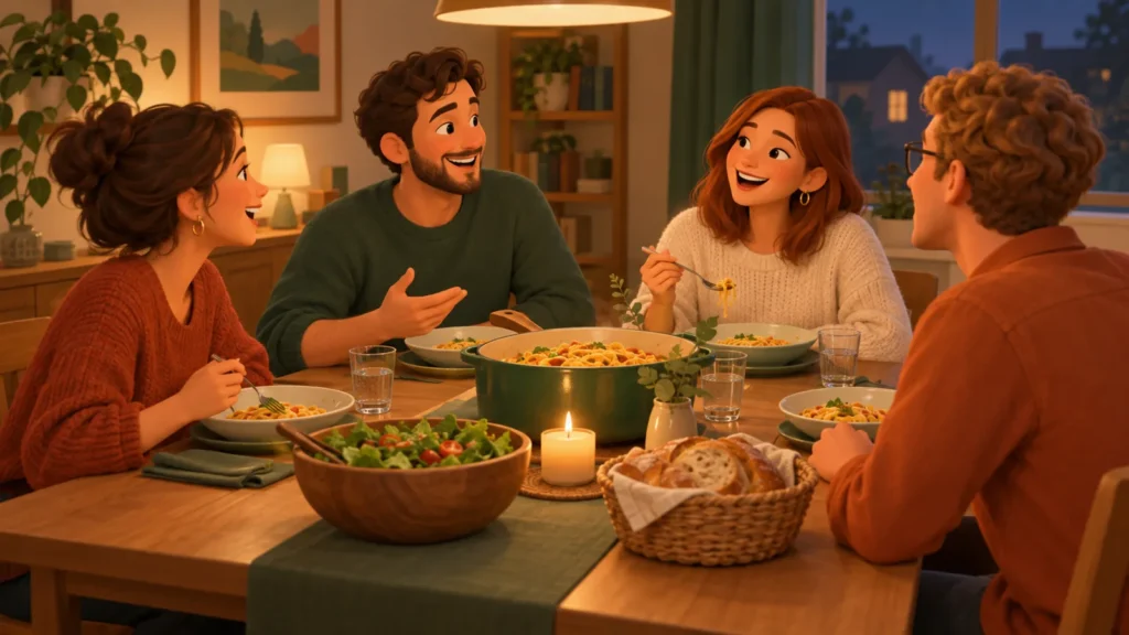 Stop keeping up with the Joneses: two couples sharing a simple homemade pasta dinner at home