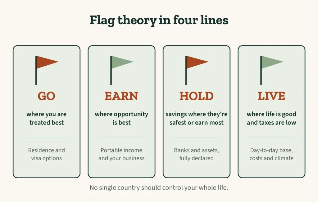 Flag theory diagram: go where you are treated best, earn where opportunity is best, hold savings where safest, live where taxes are low