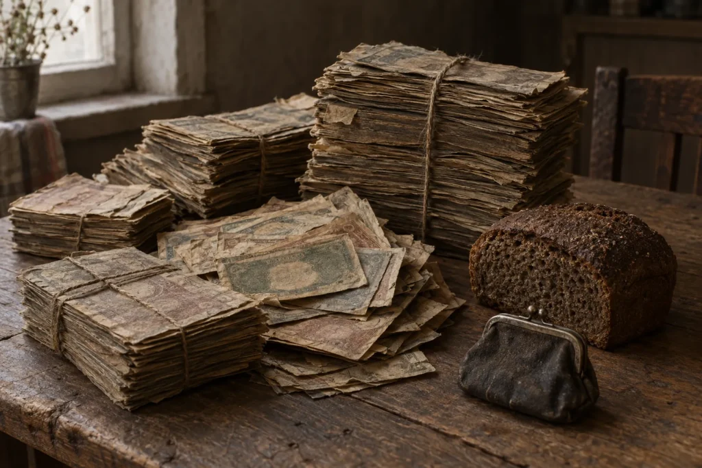 Stacks of worn old paper banknotes next to a small loaf of rye bread