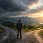 Fight or flight: a traveler at a fork in a mountain road, storm on one side and sunlight on the other