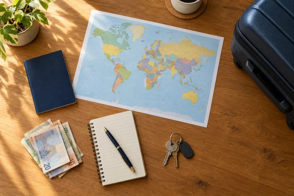 Passport, world map, notebook, foreign banknotes and keys on a desk, ready for a move abroad