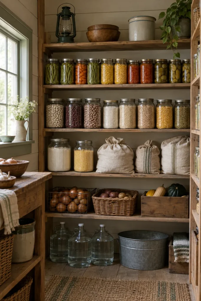 Well-organized home pantry with jars of canned vegetables, dried beans and water jugs