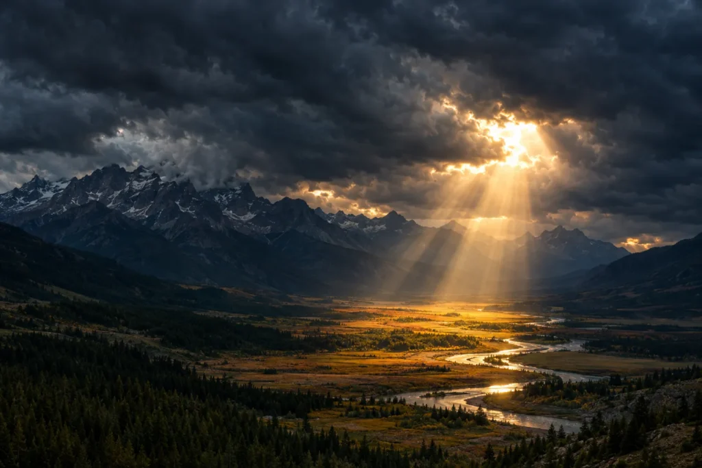 Sun breaking through dark storm clouds over a mountain valley and river