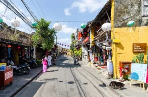 Lanterns and yellow shophouses in the old town of Hoi An