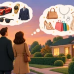 Keeping up with the Joneses: a couple on a suburban street, each dreaming of status symbols like a sports car, watch and jewelry