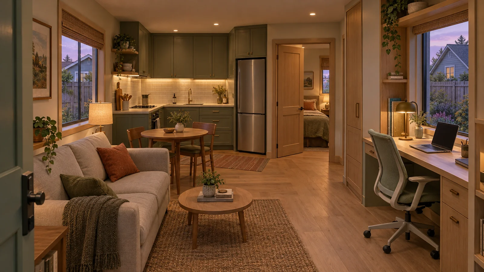 Small cabins interior concept with kitchen, permanent workspace and ground-floor bedroom door