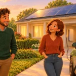 Solar and EV at home: couple beside an electric car plugged into a home charger, with solar panels and a wall battery
