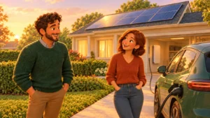Solar and EV at home: couple beside an electric car plugged into a home charger, with solar panels and a wall battery