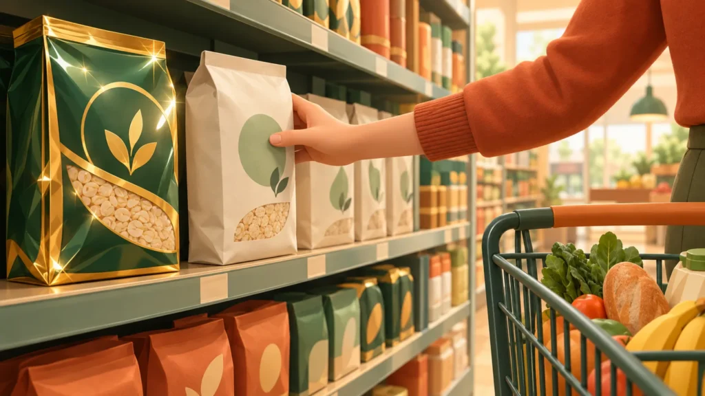A shopper choosing a plain store-brand package over a flashy premium one on a supermarket shelf