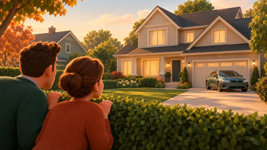A couple peeking over a hedge at the big house and new car next door, with no neighbors in sight